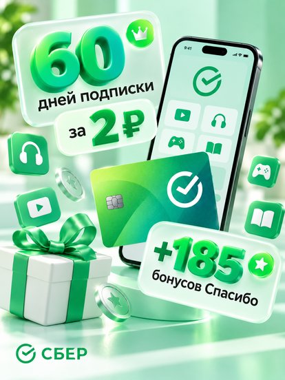 60 дней подписки за 2 руб. + 185 бонусов «Спасибо»